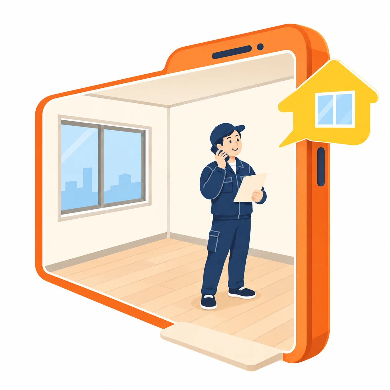 電話で相談を受ける担当者とスマートフォンの形をした部屋