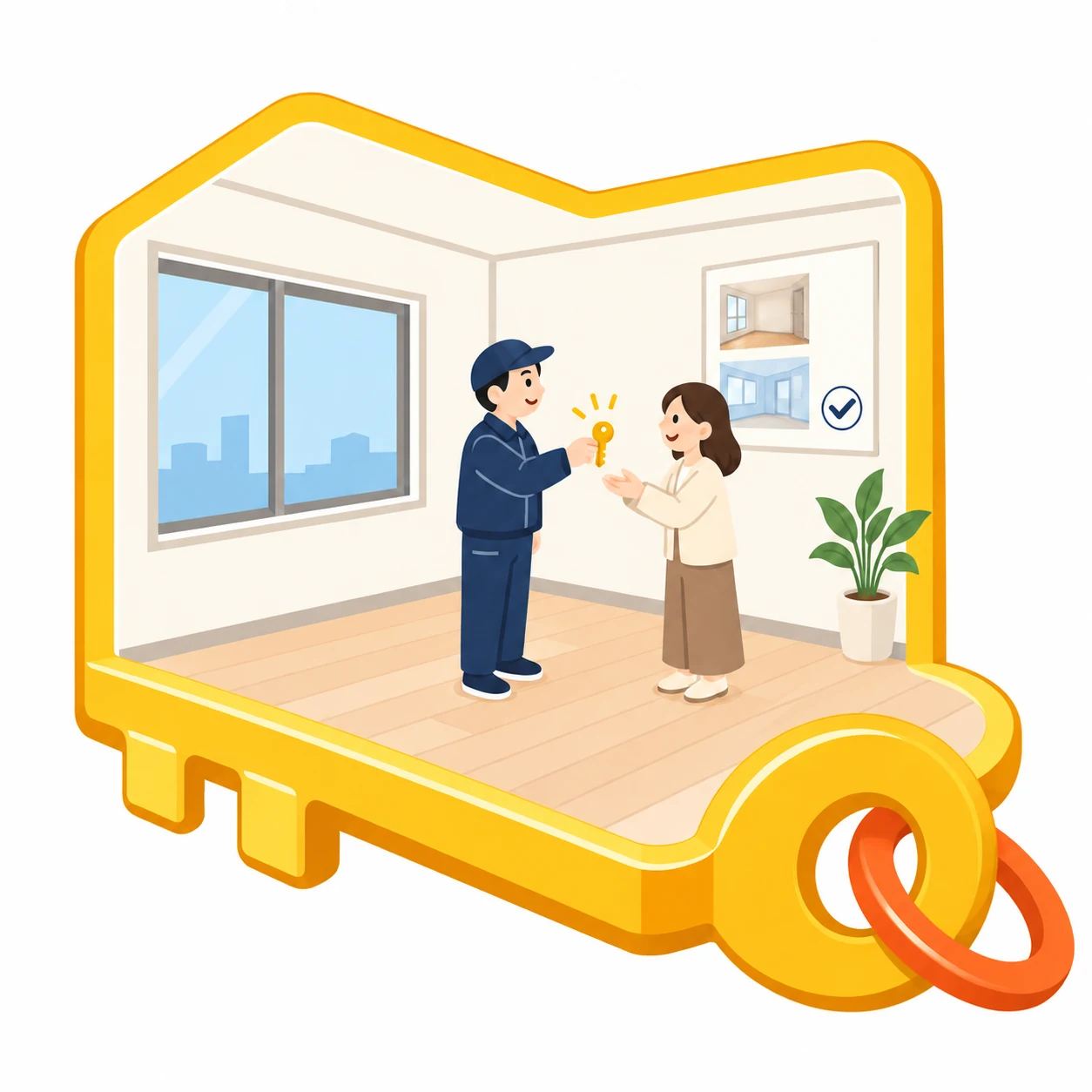 鍵の形をした部屋で完了報告と鍵返却を行うスタッフ