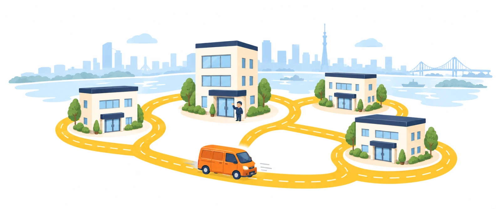 4つの拠点と作業車を道でつないだ対応体制のイメージ図