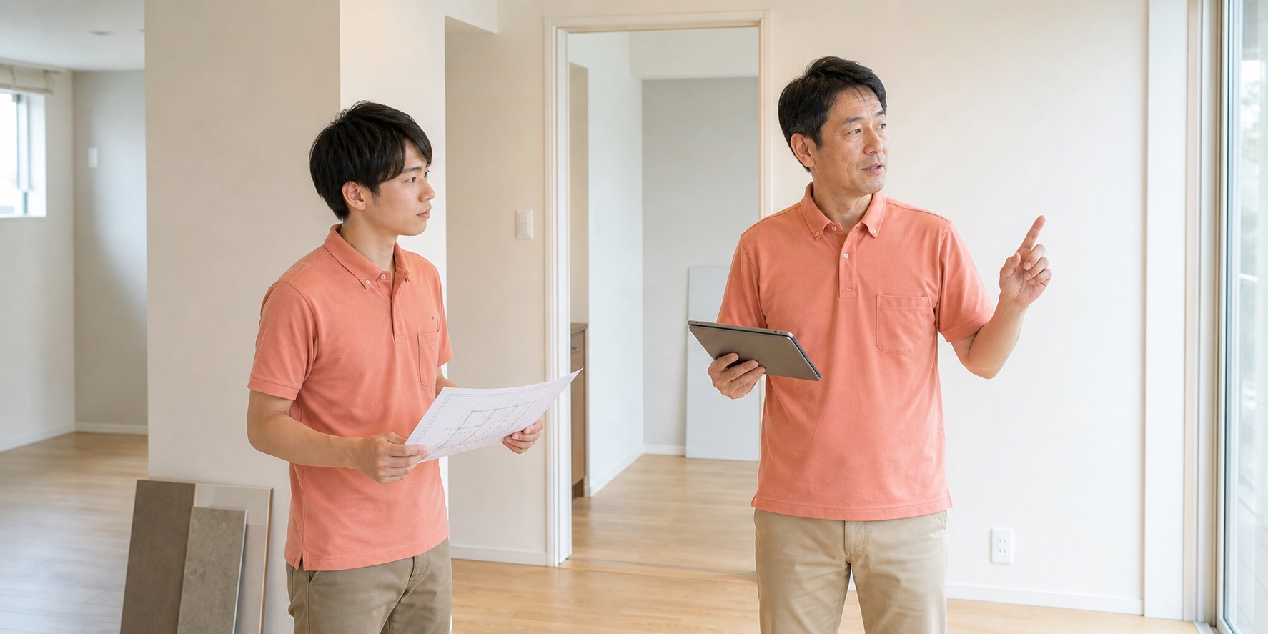 先輩社員に同行し、図面とタブレットを使って現場確認を学ぶリフォームアドバイザー