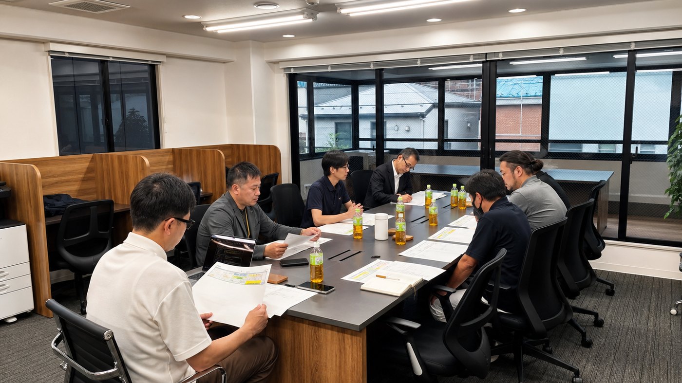 会議室で図面と資料を囲み、工事内容や段取りを確認している打ち合わせの様子